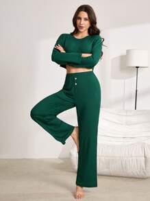 女士纯色长袖上衣和裤子休闲睡衣套装 - 墨綠色 - 查看 6