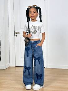 Tween Girl' Casual Fashion Washed Denim Straight Leg Jeans With Bowknot Shadow Design