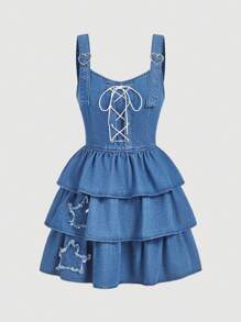 SHEIN MOD 女士休闲牛仔连衣裙，简约时尚，适合日常穿着 - 藍色 - 查看 1