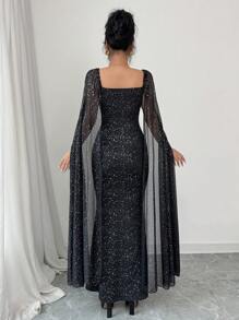 Chiquease Abito formale a maniche lunghe, attillato in vita e scivolato sulla vita, con scollo quadrato e stampa a stelle in lamina nera per donna - nero - Visualizzare 2