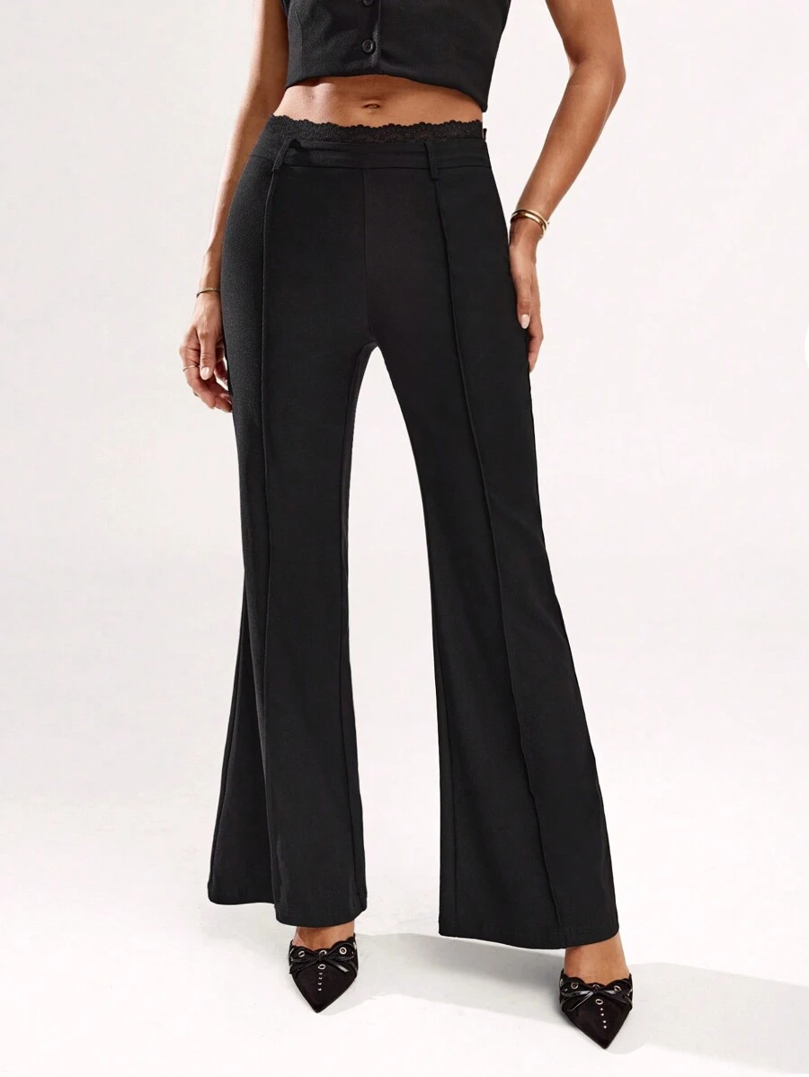 SHEIN BAE Women's Solid Color Flare Leg Pants With Lace Hem, Casual Everyday Wear