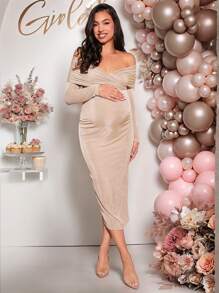 Loomaby Chic Off Shoulder Bodycon Dress, Asymmetrical Neck Ruched Maternity Dress, Khaki, Suitable For Party & Wedding - Khaki - View 3