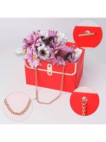 SHEIN 4 件/套优雅玫瑰花纸质礼盒，婚礼纸质花束收纳桶花店花卉手提包配金属链，花盒礼品包装袋完美的礼品包装，适用于婚礼生日节日派对情人节、圣诞节 - 彩色 - 查看 3