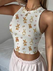 SHEIN EZwear 休闲简约、可爱、手绘、卡通、蝴蝶结、兔子、熊图案紧身圆领背心，适合夏季 - 白色 - 查看 5