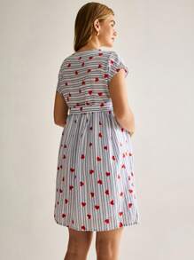 MaterniWear 孕妇圆领短袖全身印花休闲迷你连衣裙 - 藍白色 - 查看 2