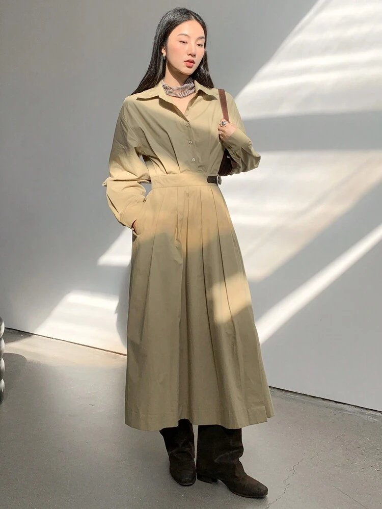 Women's Business Casual Loose Cinched Waist A-Line Midi Dress Shirt Dress,Fall Dress Long Sleeve Dress