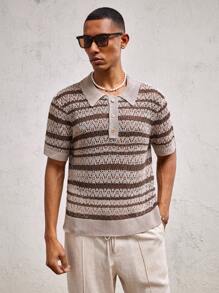 AKNOTIC Party Camisa polo para hombres con cuello a rayas en contraste de color café, ajuste slim, manga corta, adecuado para el uso diario