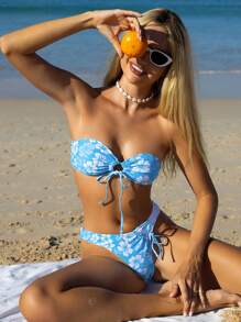 Conjunto de 2 piezas de bikini para mujer con flores pequeñas de contraste, escote sin tirantes, cordón y asimétrico, con tirantes desmontables, adecuado para vacaciones, salidas y fiestas