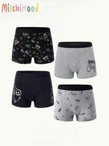 4pcs/Set Young Boy Gamepad & Letter Print Comfortable Boxer Briefs