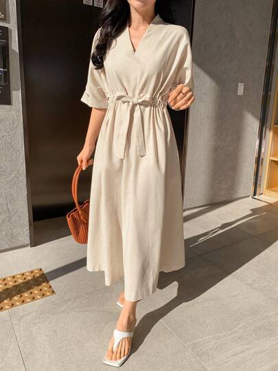 DAZY Women's Casual Drawstring Waist Solid Color Beach Dress Linen