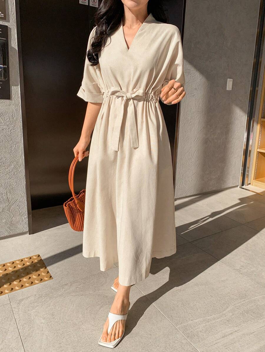DAZY Damen lässiges Strandkleid aus Leinen mit Kordelzug Taille und einfarbigem Design - Aprikosenfarben - Übersicht 1