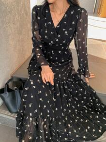 DAZY 法式优雅V领雪纺碎花长裙女秋装长袖连衣裙 - 黑色 - 查看 1