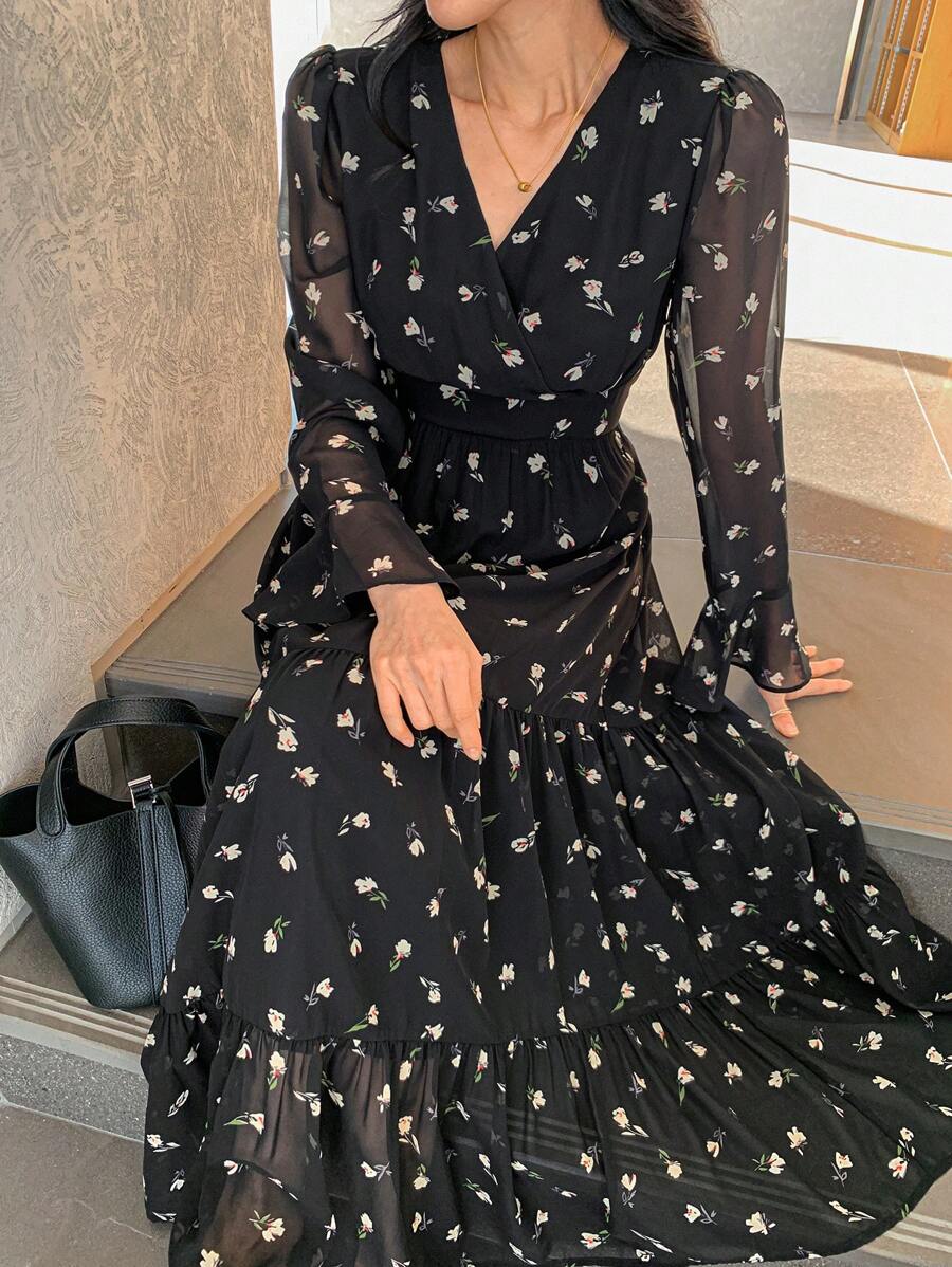 DAZY 法式优雅V领雪纺碎花长裙女秋装长袖连衣裙 - 黑色 - 查看 1