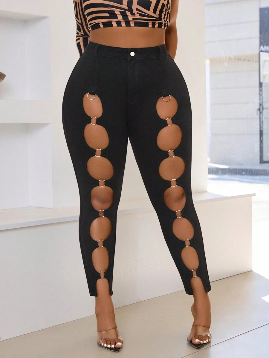 SHEIN SXY Plus Size Ripped Casual Denim Jeans, Simple & Fashionable For Everyday Wear - Black - View 1