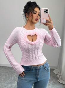 Chiquease 新款修身性感柔软甜美纯真心形镂空针织套头毛衣，女士春秋/秋冬针织套头衫 - 粉色 - 查看 3
