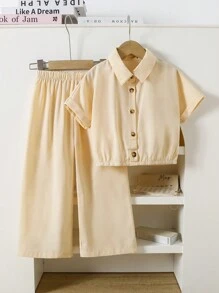 SHEIN Girls 2pcs Outfit Set - Solid Color Button Front Short Sleeve Top And Elastic Waist Long Pants - Multicolor - View 1