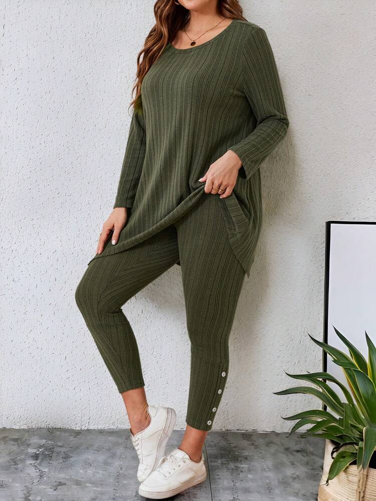 2pcs Plus Size Women Set: Long Sleeve Round Neck T-Shirt And Leggings, Autumn/Winter