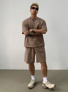 DAZY Tricou obișnuit maro solid, Set tricou de vară pentru bărbați