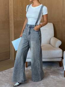 DAZY 1pc Women Vintage Washed Loose Denim Overalls/Jumpsuits - Blue - View 4