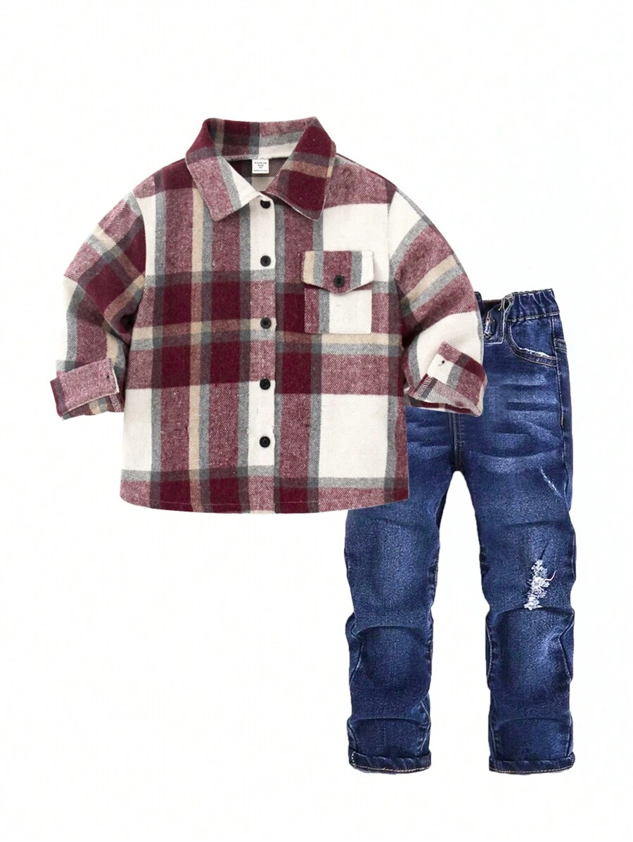 SHEIN 时尚男孩休闲格子羊毛夹克，带前口袋，街头风格 - 彩色 - 查看 1