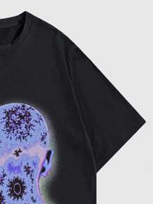 ROMWE MEN Street Life 男士圆领短袖图案印花休闲 T 恤，日常穿着 - 黑色 - 查看 3