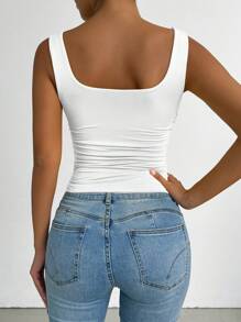 Chiquease 纯色褶皱方领休闲百搭无袖背心 - 彩色 - 查看 2