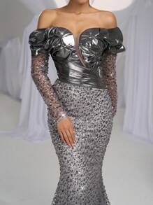 Glamrae 优雅奢华深灰色撞色露肩透视长袖缎面串珠亮片美人鱼鱼尾裙，带拖尾，适合婚礼、单身派对、度假、庆典、晚会、婚礼宾客礼服、长袍