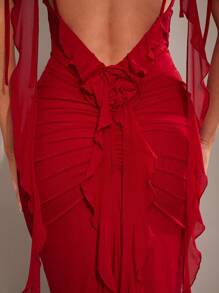 SHEIN BAE 秋冬早春纯色勃艮第红色性感简约优雅细肩带露背深 V 领荷叶边 3D 花卉装饰修身连衣裙，适合情人节、派对、浪漫约会、伴娘、舞会、工作、红色连衣裙、生日派对、公主裙 - 酒紅色 - 查看 6