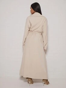 SUMWON WOMEN 奢华全长系带风衣优雅双排扣翻领外套经典秋冬时尚个性单品专业工作服 - 卡其色 - 查看 2