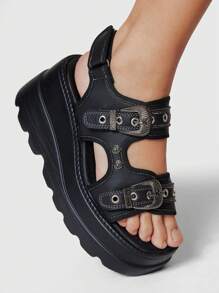 ROMWE Grunge Punk Women's Gothic Punk Style Platform Sandals, Black Summer Open Toe Rivet Roman Beach Wedge Heels, Halloween - Black - View 3