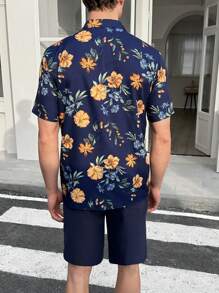 Manfinity NXTstreet 2 Pieces Men's Woven Fitted Regular Shoulder Lapel Long Sleeve Casual Shirt Set, Suitable For Summer. Shirt Set Summer Shirts Beach Shirt - Royal Blue - View 2
