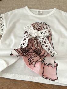 SHEIN LMoss Kids Tween Girls' Round Neck Drop Shoulder Lace & Wave Hem Character Print T-Shirt