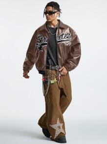 Manfinity VCAY Men's Autumn/Winter Fashion Letter Embroidery Jacket - Brown - View 3