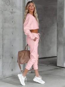 SHEIN Essnce Damen Locker Lässiger Langarm Sport 2 Teiliges Set - Pink - Übersicht 3