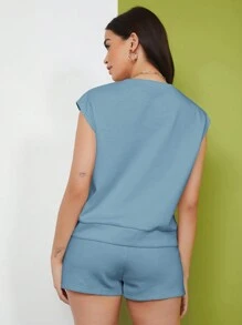 SHEIN Essnce 2 件套女士无袖纯色简约休闲短裤套装 - 藍色 - 查看 2
