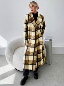 SHEIN Privé Women's Casual Fashion Simple Home & Commute Herringbone Lapel Loose Overcoat, Autumn/Winter