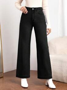 EMERY ROSE Women's Casual Front Button Pocket Wide Leg Jeans - Black - View 3