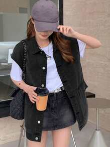 DAZY 女士休闲牛仔水洗宽肩带背心外套，春夏款，黑色 - 黑色 - 查看 3