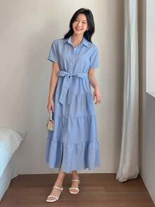 DAZY 条纹衬衫式连衣裙，收腰设计，优雅显瘦 - 藍色 - 查看 3