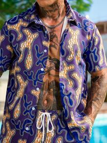 Manfinity RSRT 男士前扣短袖全身印花休闲上衣和短裤套装男士度假装