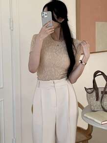 DAZY Women's Plain Short Sleeve T-Shirt, Simple Fashion Casual Everyday Wear Summer - Khaki - View 4