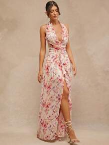 L'Amorae 女士服装，女士优雅浪漫白粉花卉印花露背无袖长裙，前片褶饰，简约时尚日常休闲，女士连衣裙，夏季女士连衣裙，白色女士连衣裙，优雅女士连衣裙，长裙，正式女士连衣裙，夏季女士服装，婚纱，情人节连衣裙，粉色女士连衣裙。适合约会之夜，演出 - 彩色 - 查看 3