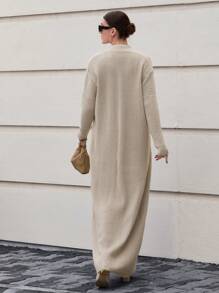 EURMUSE Solid Color Stand Collar Fitted Sweater Dress With Super Long Cardigan, Casual For Autumn/Winter - Apricot - View 2