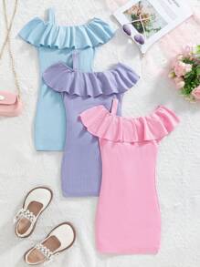 SHEIN Vestido casual ajustado con estampado de rayas y calado para niña joven - Multicolor - Ver 2