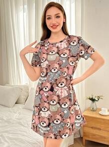 Dream Adore Camisón de cuello redondo de manga corta con estampado total minimalista para mujer, uso diario casual