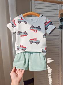 2pcs/Set Toddler Unisex Cute Cartoon Car Print Top And Gray/Green Shorts Outfit, Perfect For Baby Boy To Wear In Summer For All Occasions - Multicolor - View 4