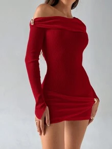 Aloruh Women's Solid White Off Shoulder Asymmetrical Ruched Metal Buckle Decor Long Sleeve Bodycon Mini Dress, Autumn/Winter - Red - View 6