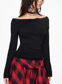 ROMWE Pull épaules dénudées à manches longues et coupe slim pour la Saint-Valentin, Pulls pour femmes, Tenues de printemps pour femmes - Noir - Voir 6