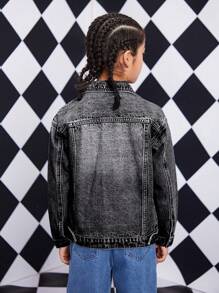 Tween Boy Front Button Long Sleeve Pocket Distressed Casual Denim Jacket - Black - View 2