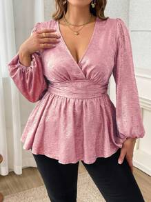 Celure 大码闪光 V 领扭纹长袖休闲衬衫 - 淺粉色 - 查看 1